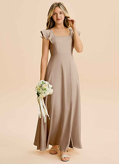 Azazie Bondi Junior Abito A-Line in Raso Elasticizzato Spacco Laterale Taupe image4