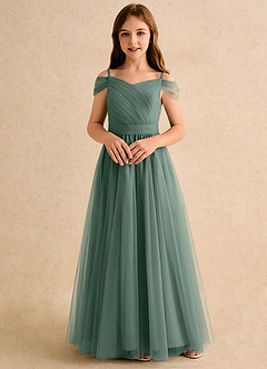 Azazie Yuna Girls Formal Flower Girl Dresses Eucalyptus A-Line Off the Shoulder Tulle Dress image4