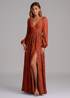 Azazie Norah Brudtärnklänningar Klä av A-Linje i Blommig Utbrändhet Långärmad Kastanjebrunt image5