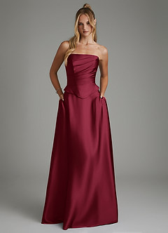 Azazie Amina Bridesmaid Dresses Burgundy A-Line Corset Stretch Satin Dress image1
