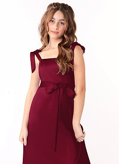 Azazie Barbara Junior Burgundy A-Line Bow Stretch Satin Dress image5