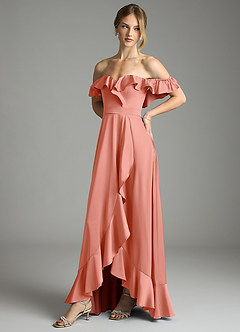 Azazie Lyra Bridesmaid Dresses Coral A-Line Off the Shoulder Stretch Satin Convertible Dress image7