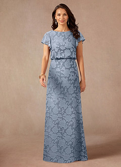 Azazie Lehi vestidos de madre de la novia Vestido de Azul Polvoriento de Devorado Floral de Corte En A con Cuello de barco image4