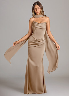 Azazie Sorrel Brautjungfernkleider Wandelbar Meerjungfrau-Linie Schulterfrei Stretch-Satin Kleid Taupe image1
