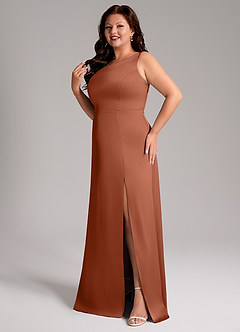 Azazie Phaedra Bridesmaid Dresses Cedar Rose A-Line One Shoulder Stretch Satin Dress image12
