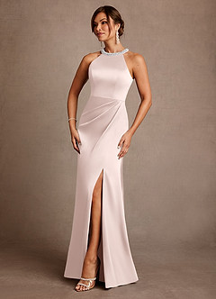 Azazie Lawrence Mother of the Bride Dresses Blushing Pink A-Line Pleated Stretch Satin Dress image2