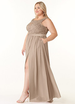 Azazie Elly Bridesmaid Dresses Taupe A-Line Lace Scoop Neck Chiffon Dress image9