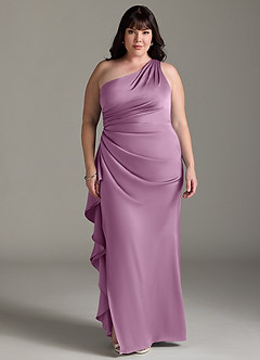 Azazie Latrice Bridesmaid Dresses Wisteria Sheath One Shoulder Cascading Ruffles Stretch Satin Dress image6