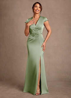 Azazie Rilda At-home Try On Dresses Dusty Sage Sheath Lace Stretch Satin Dress image4