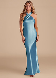 Azazie Doretta Bridesmaid Dresses Steel Blue Mermaid Bow Metallic Satin Dress image3
