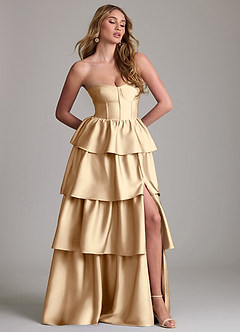 Azazie Faye Bridesmaid Dresses Champagne A-Line Ruched Stretch Satin Dress image4