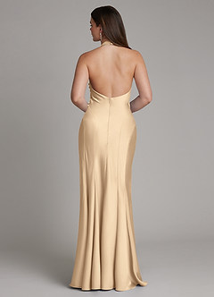 Azazie Sahara Bridesmaid Dresses Champagne A-Line Pleated Stretch Satin Dress image2