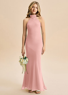 Azazie Velli Junior Meerjungfrau-Linie Hoher Kragen Chiffon Kleid Rosettenrosa image1