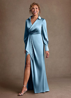 Azazie Jacinta 신부의 어머니 드레스 쉬스 주름진 스트레치 새틴 플로어 길이 드레스 image2