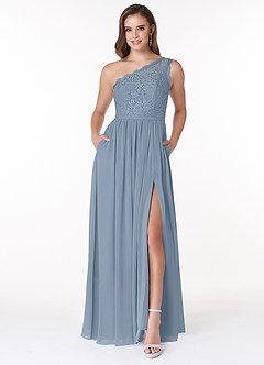 Azazie Demi Vestidos de damas de honor Vestido de Azul Polvoriento de Gasa de Corte en A con Hombro unilateral image1