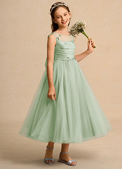 Azazie Snowball Girl Jurken voor bloemenmeisjes Baljurk Jurk van Tule Geplooid Stoffige Salie image4