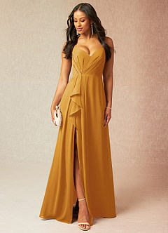 Azazie Kyedae Bridesmaid Dresses Butterscotch A-Line V-Neck Pleated Chiffon Dress image1
