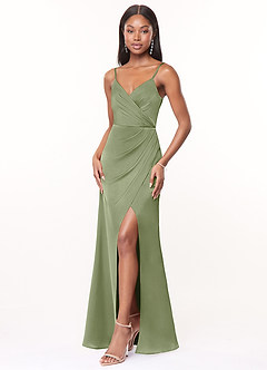 Azazie Maci Brautjungfernkleider A-Linie V-Hals Gefaltet Stretch-Satin Kleid Pistazie image3