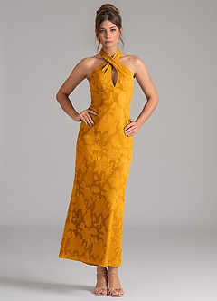 Azazie Marlissa Bridesmaid Dresses Butterscotch Sheath Pleated Floral Burnout Dress image1