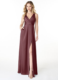 Azazie Nelly Bridesmaid Dresses Sangria A-Line V-Neck Pleated Stretch Satin Dress image1