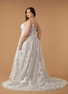Azazie Delaina Vestidos de novia Vestido de Blanco Diamante Moca de Tul de Corte en A con Lentejuelas cuello pico image15