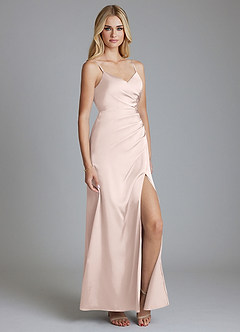 Azazie Azuree Bridesmaid Dresses Blushing Pink A-Line Pleated Stretch Satin Dress image3