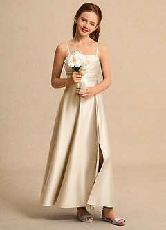 Azazie Pebbles Girl vestidos de niña de las flores Vestido de Champán de Satin Mate de Corte En A con Plisado image7