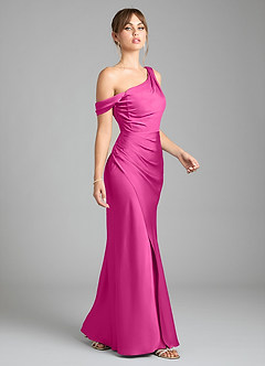 Azazie Madelyn Bridesmaid Dresses Fuchsia Mermaid One Shoulder Stretch Satin Convertible Dress image5