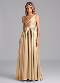 Azazie Keyla Robes de demoiselle d'honneur Robe Trapèze en Satin extensible Plissée Champagne image1