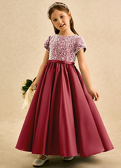 Azazie Cashew Flower Girl Dresses Pomegranate Ball-Gown with Sleeves Matte Satin Dress image3