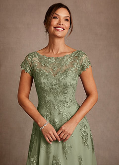 Azazie Jolanda At-home Try On Dresses Rosette A-Line Lace Dress image5