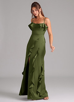 Azazie Malia Bridesmaid Dresses Olive A-Line Side Slit Stretch Satin Dress image4