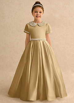 Azazie Gabriella Flower Girl Dresses Gold Ball-Gown with Sleeves Matte Satin Dress image4