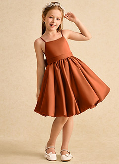 Azazie Davine Flower Girl Dresses Burnt Orange A-Line Spaghetti Strap Matte Satin Dress image4