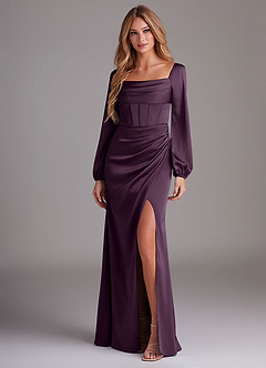 Azazie Charissa Bridesmaid Dresses Plum Sheath Long Sleeve Stretch Satin Dress image4