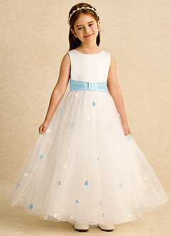 Azazie Cricket vestidos de niña de las flores Vestido de Marfil Azul Cielo de Satin Mate de Princesa con Plisado image4