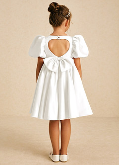 Azazie Muffin Flower Girl Dresses Ivory A-Line with Sleeves Matte Satin Dress image1