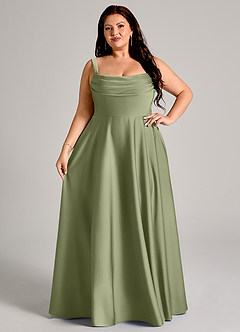 Azazie Shaude Bridesmaid Dresses Garden Sage A-Line Pleated Stretch Satin Dress image13