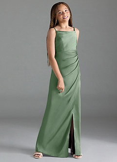 Azazie Leonis Junior Matcha A-Line Pleated Stretch Satin Dress image3