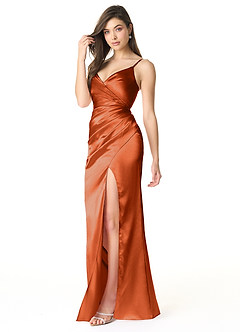 Azazie Sukia Bridesmaid Dresses Burnt Orange Mermaid Pleated Metallic Satin Dress image3