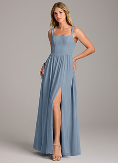 Azazie Rosaline Bridesmaid Dresses Dusty Blue A-Line Side Slit Chiffon Dress image3