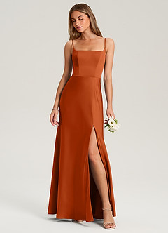 Azazie Lidia Robes de demoiselle d'honneur Robe Sirène en Satin extensible Fente Latérale Orange Brûlée image1
