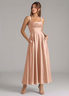 Azazie Shaude 신부 들러리 드레스 A라인 주름진 스트레치 새틴 발목 길이 드레스 image3