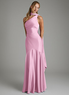 Azazie Amara Bridesmaid Dresses Candy Pink Mermaid One Shoulder Stretch Satin Dress image4