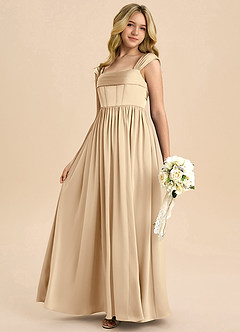 Azazie Hattie Junior Abito A-Line in Raso Elasticizzato Plissettato Champagne image6