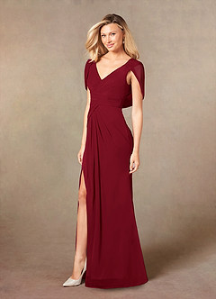 Azazie Luisa Mother of the Bride Dresses Burgundy Mermaid V-Neck Pleated Mesh Dress image3
