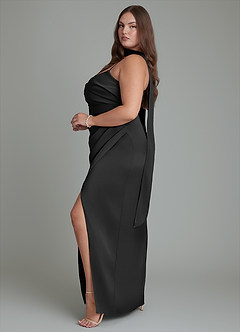 Azazie Calandra Bridesmaid Dresses Black Sheath Pleated Stretch Satin Dress image11