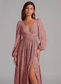 Azazie Norah Brautjungfernkleider A-Linie Langarm Blumen-Burnout Kleid Altrosa image7