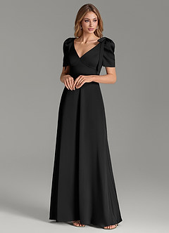 Azazie Asher Bridesmaid Dresses Black A-Line with Pockets Stretch Satin Dress image4