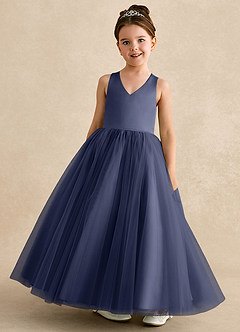 Azazie Peanut Robe Demoiselle D'honneur Fillette Robe Trapèze en Tulle Bretelle Bleu Orageux image4
